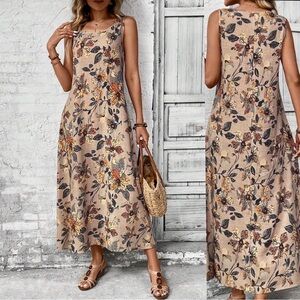 Vintage Floral Printed Women's Casual Long Summer Dress tan